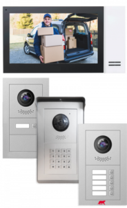 3 different door stations with pin code, one button and many button configurations. Viewing monitor displaying a delivery driver image ideal for office security.