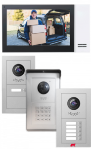 3 different door stations with pin code, one button and many button configurations. Viewing monitor displaying a delivery driver image ideal for office security.