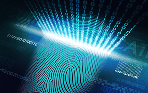 Image showing a fingerprint's furls and lines being changed into binary code as it's scanned