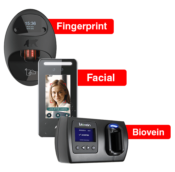 A montage of biometric access control readers showing fingerprint vein and face scanners