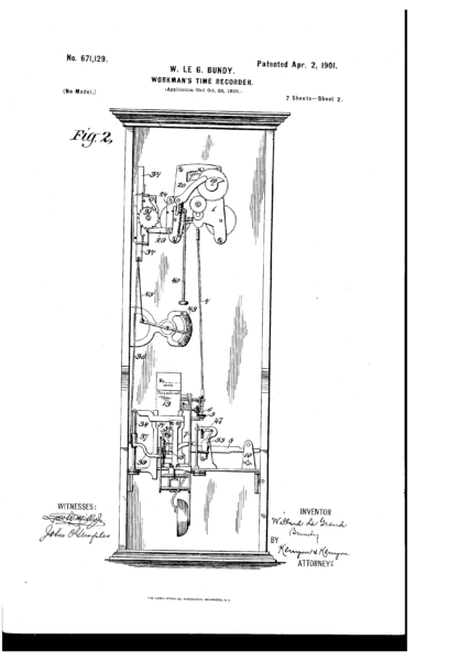 Patent drawing of Bundy's time recorder