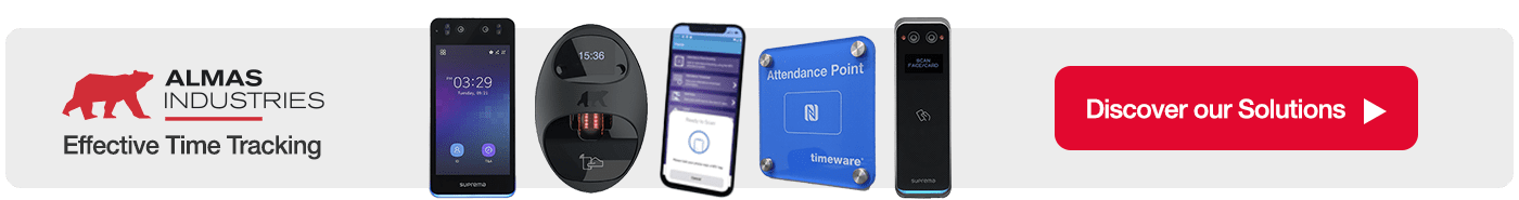 Banner showing images of our face scanners, fingerprint, mobile app, NFC and RFID clocking in devices