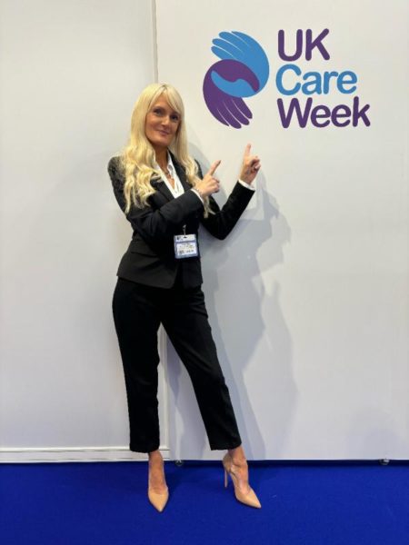 Jayne Connery from Care Campaign for the Vulnerable at UK Care Week 2024 with Almas Industries