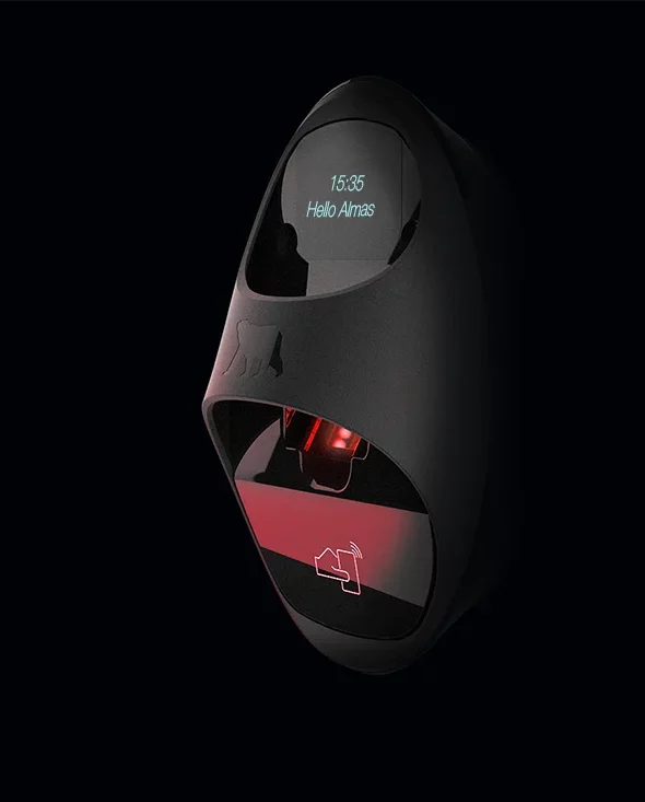 An Almas fngerprint scanner with red highlight and display