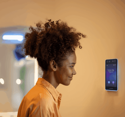 A lady wearing a gold shirt with a lovely smile is using a facial access control reader that is wall mounted.
