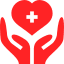 red icon with two hands holding a heart with a plus sign inside