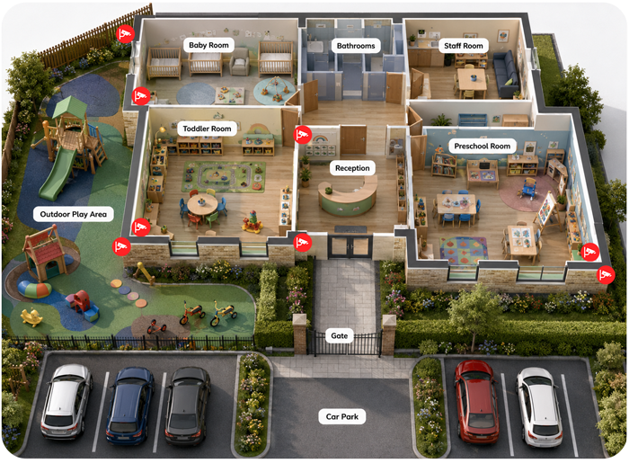 A 3D illustration showing best positions for CCTV cameras