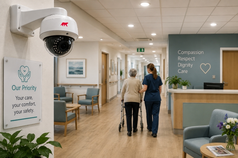 A care home reception with a nurse and a resident walking down the corridor. A cctv camera is mounted on the wall.