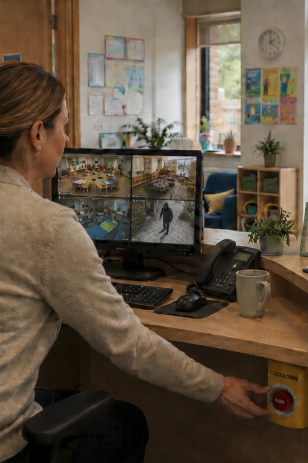 Nursery Receptionist pressing lockdown button