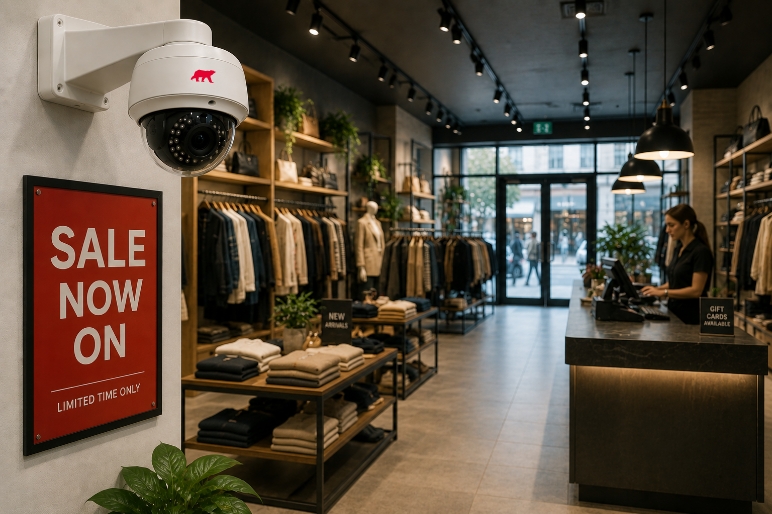 a camera mounted on the wall of a clothes shop