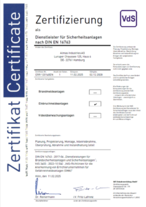 VdS-Zertifikat - Dienstleister für Sicherheitsanlagen - gültig bis 2028